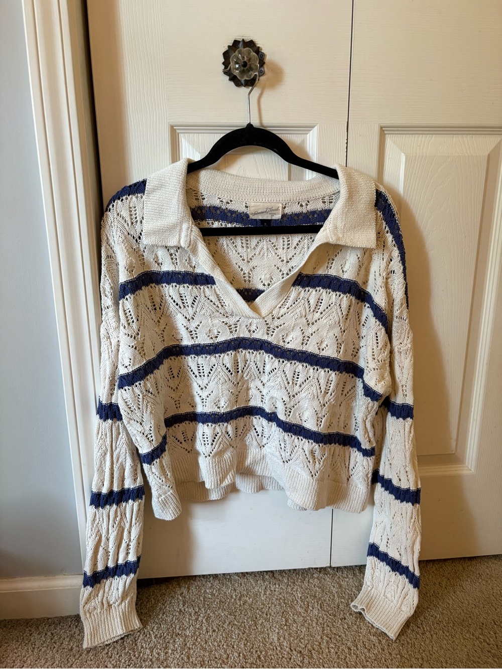 Universal Thread Cream Open-Knit Polo Sweater with Navy Stripes